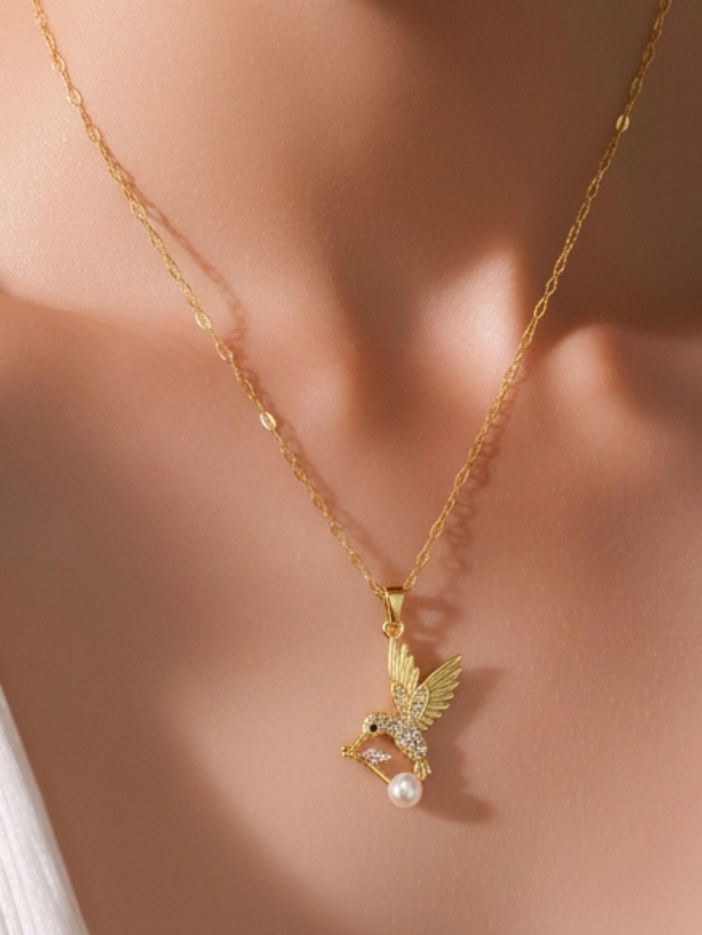 Hummingbird Necklace Pretty Girl Energy Gold Sparkly Pearl Coquette Cottagecore
